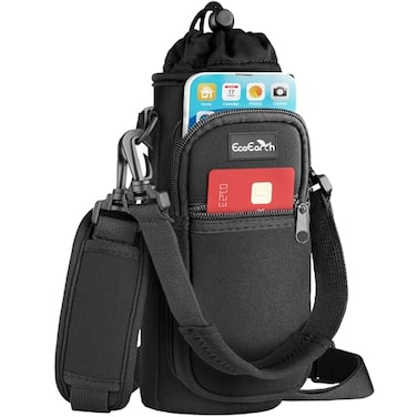 EcoEarth Water Bottle Carrier Bag 25 oz Black Hiking Daily Use Phone Essentials Pocket Padded Shoulder Strap