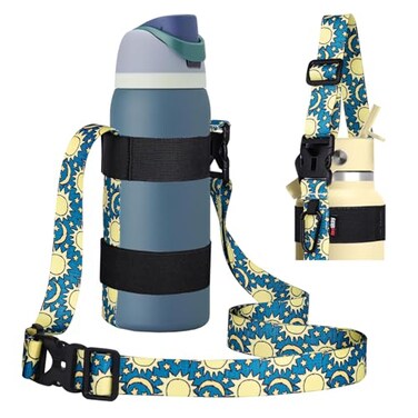 HEYSKAY Water Bottle Holder with Strap Water Bottle Sling with Adjustable Shoulder Strap and Carabiner for Owala FreeSip 2440oz Hydro Flask and Universal Water BottlesBlue Sun Flower