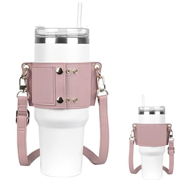 Linkidea Water Bottle Holder with Strap Compatible with Stanley Quencher H20 30oz40oz Simple Modern 40oz Tumbler Vegan Leather Waterbottle Bag Holder Shoulder Strap with Keyring Pink