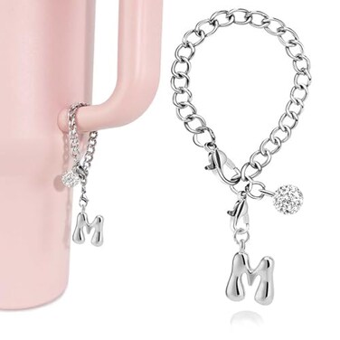 LUHOHI Silver Bubble Letter Charms for Stanley Cup Accessories Designer Aesthetic Initial Cute Pendant for Water Bottle Tumblers Hydrojug Handle Preppy Jewelry Bracelets Personalized Keychain M