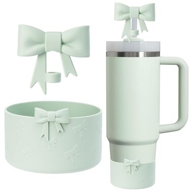 Oddyami Cup Accessories Set for StanleyIncluding 1Pcs Cute Bow Straw Cover Caps 10mm Reusable Straw Toppers1Pcs Silicone Boot Sleeve for Stanley Quencher H20 Tumbler with Handle 3040oz Mist