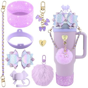 SEMATA Bling Accessories for Stanley Cup 40oz 30oz Tumbler including Silicone Cute Bow Straw Topper Cover Silicone Boot for Stanley CupLeather Water Bottle Handle Strap CharmsPurple