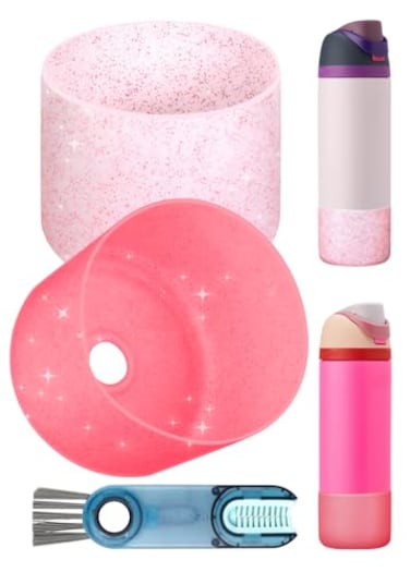 Toykee Silicone Water Bottle Boot 2Pcs for Owala Freesip 24oz AntiSlip Protective Bottom Cover Bumper Protector Sleeve Accessories with Lid Cleaning Brush Red Pink Glitter