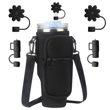 Denlei Black Stanley Cup Bag Cup Holder for Stanley 40oz Tumbler with Handle Stanley Carrier Bag with 4Pcs Black Straw Topper for Stanley Cup Accessories