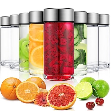 Irenare 8 Pcs 10 oz Wide Mouth Glass Water Bottles Reusable Glass Juice Bottles with Lids Leakproof Juicing Jars with Silver Lids for Fridge Milk Juicing Smoothies Infused Water Beverage Kombucha Tea