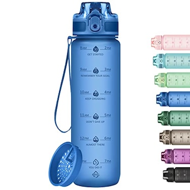 Alwager 32oz Motivational Water Bottles with Time Marker Fruit Strainer Single Color Water Bottle with Times to Drink Leakproof BPA Free Reusable Plastic Bottle with Strap No Straw