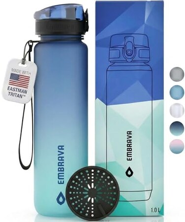 Embrava Sports Water Bottle 32oz Fast Flow Flip Top Lid BPA BPS Free Leakproof Reusable Lightweight NonToxic Tritan Plastic 1 Liter Gym Hiking Office School Travel