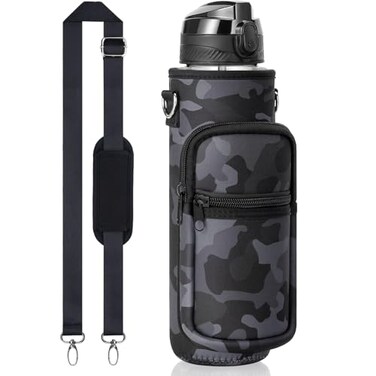 Fimibuke 32 oz Water Bottle with Sleeve BPA Free Leakproof Sport Large 1L Plastic Motivational Water Bottle with Straw Strap Insulated Neoprene Holder Carrier Bag for Women Men A8Camo