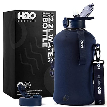 H2O Capsule 22L Half Gallon Water Bottle with Storage Sleeve and Covered Straw Lid BPA Free Large Reusable Drink Container with Handle Big Sports Jug 22 Liter 74 Ounce Navy Blue