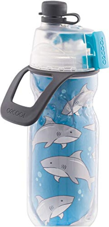 O2COOL Mist N Sip Kids Misting Water Bottle 2in1 Mist And Sip Function With No Leak Pull Top Spout Kids Water Bottle Sports Water Bottle 12 oz Sharks