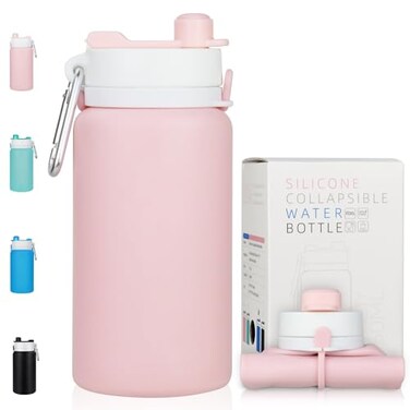 PLTCAT Collapsible Water Bottle 19oz Foldable Bottle BPA Free Reusable Lightweight LeakProof Travel Silicone Water Bottle for Travel Gym Hiking Office Camping Pink