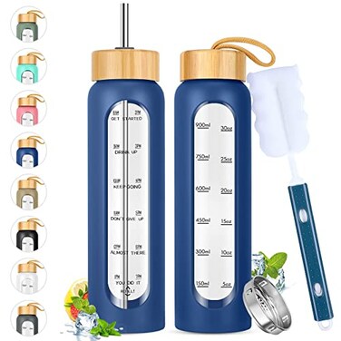 SipZest 32 oz Glass Water Bottle with Straw Motivational Time Marker Silicone Sleeve Reusable Tumbler Includes 2 Bamboo Lids Fruit Infuser 1 Pack