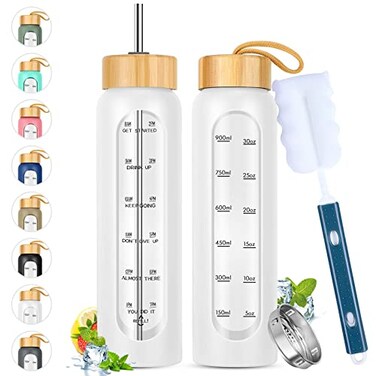 SipZest 32 oz Glass Water Bottle with Straw Motivational Time Marker Silicone Sleeve Reusable Tumbler Includes 2 Bamboo Lids Fruit Infuser 1 Pack