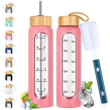 SipZest 32 oz Glass Water Bottle with Straw Motivational Time Marker Silicone Sleeve Reusable Tumbler Includes 2 Bamboo Lids Fruit Infuser 1 Pack