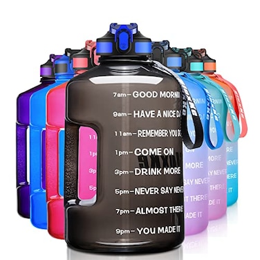 SLUXKE 1 Gallon Water Bottle with Time Marker BPA Free Motivational 128oz Leak Proof Water Bottle Jug with Handle and Straw Black