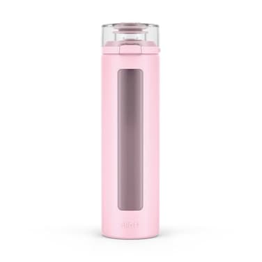 Ello Syndicate 20oz Reusable Glass Water Bottle with OneTouch Leak Proof Flip Lid Protective NonSlip Silicone Sleeve Carry Loop for Coffee Tea and Water BPAfree Dishwasher Safe Cashmere Pink