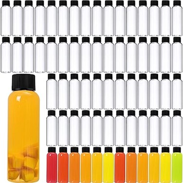 Eccliy 100 Pcs 2oz Clear Plastic Bottles Mini Bottle with Screw Lid Small Empty Reusable Liquid Vial Freezer Safe Container Leak Proof for Juice Milk Water Wedding Party