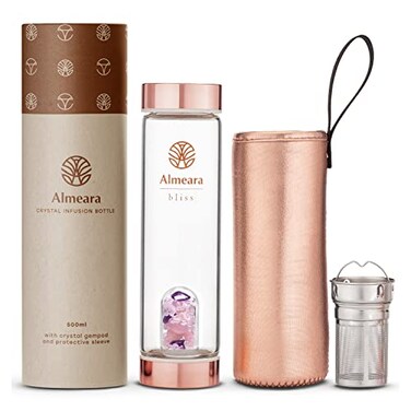 Almeara Crystal Water Bottle Amethyst Rose Quartz Clear Quartz Crystals Authentic Gemstones Loose Leaf Tea infuser Gem Elixir Infused Tempered Glass Water Bottle Gift ready box 169 oz