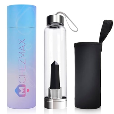ChezMax Crystal Glass Water Bottle Energy Quartz Gemstone Water Bottle with Changeable Natural Crystal Center for Healing and Wellness
