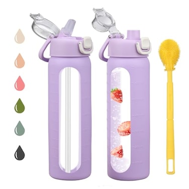 chunmo 24 oz Glass Water Bottles with 2 LidsHandle Spout Lid Straw Lid Motivational Water Bottle with Time Marker and Silicone SleeveLeakproofPurple1 Pack