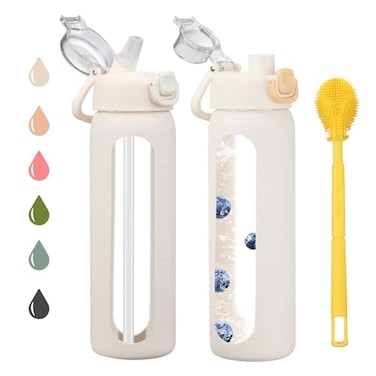 chunmo 24 oz Glass Water Bottles with 2 LidsHandle Spout Lid Straw Lid Motivational Water Bottle with Time Marker and Silicone SleeveLeakproofWhite1 Pack