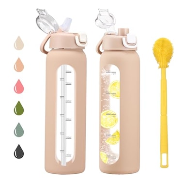 chunmo 32 oz Glass Water Bottles with 2 LidsHandle Spout Lid Straw Lid 1 Liter Motivational Borosilicate Water Bottle with Time Marker and Silicone SleeveLeakproofAmber1 Pack