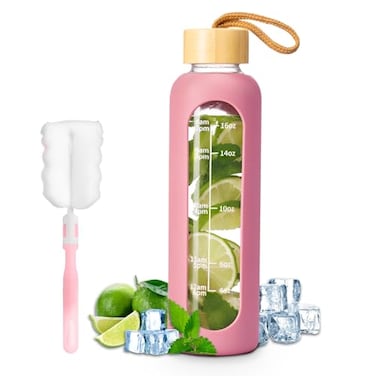 FrutPunch 18 OZ Glass Water Bottles Water Bottle with Time Marker Leakproof Glass Water Bottles with Silicone Sleeves Suitable for Offices and Gyms pink