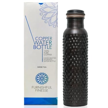 FURNISHFUL FINESSE 100 Pure Copper Water Bottle 34 oz Antique Black Ayurvedic Drinking Bottle with LeakProof Lid Reusable BPAFree Pack Of 1