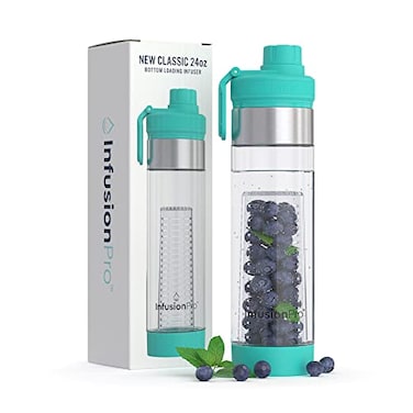 Infusion Pro 24 oz Fruit Infuser Water Bottle with Twist Cap Lid Insulated Sleeve Infused Water Recipe eBook Bottom Loading Water Infuser for More Flavor Unique Gift Idea Blue Jade 1Pack