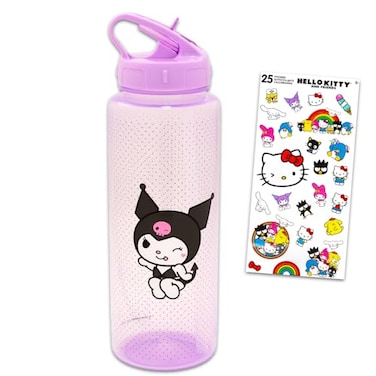SANRIO Kuromi Reusable Water Bottle Set Sanrio Bundle 30oz Plastic Water Bottle with Spout for Home School Sports Plus Sticker and More Kuromi Container