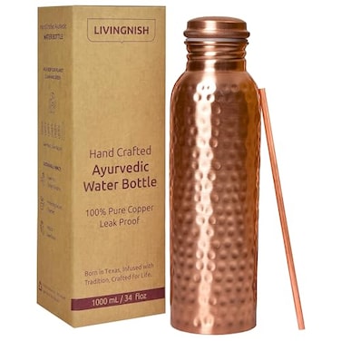 LIVINGNISH Premium Pure Copper Water Bottle for Drinking Extra Large 34 Oz Wide Mouth Hammered Ayurvedic Copper Water Bottle with Straw Handcrafted LeakProof Vessel Reusable BPAFree