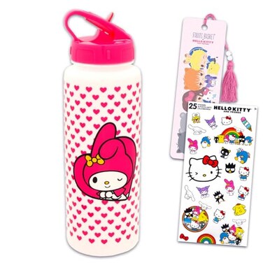 SANRIO My Melody Reusable Water Bottle Set Bundle 30 Oz Plastic Water Bottle with Spout for Home School Sports Plus Sticker and More My Melody Container