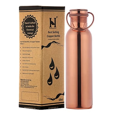 HealthGoodsIn Pure Copper Water Bottle with Handle 600 Ml UNLINED UNCOATED and LACQUREDFREE for Ayurvedic Health Benefits