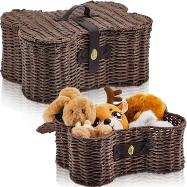 Barydat 2 Set Large Small Dog Toy Basket with Lid Bone Shaped Basket for Dog Natural Wicker Woven Handmade Pet Puppy Toy Organizer and Storage Box Bin for CatsWickerDark Brown