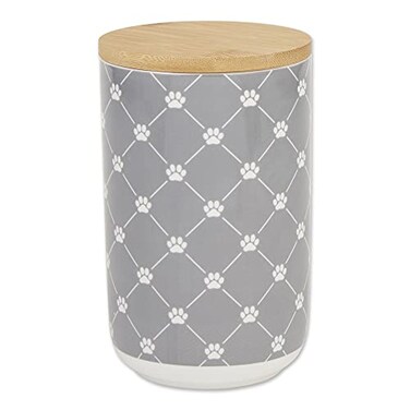 Bone Dry Trellis Paw Print Pet Treat Canister with Bamboo Lid Dog Cat Treat Jar for Countertop Storage Keep Training Bones Biscuits Handy 4x65 inches Gray