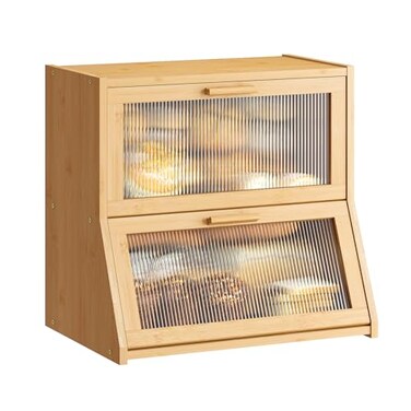 GHWIE Double Layer Bamboo Bread Box for Kitchen CounterLarge Capacity Bread Storage BinBread Container with Acrylic Wavy Door Panel Natural Extra Large