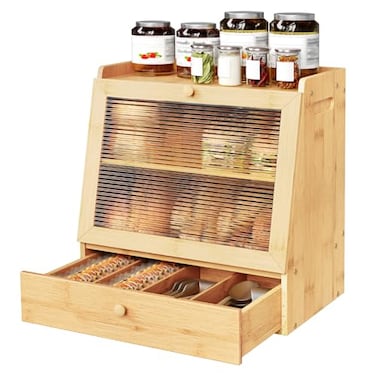 HOOBRO Bread Box Bamboo Bread Box Storage Container with Drawer 2Tier Kitchen Countertop Food Storage Box with Acrylic Door for Food Natural YL21MB01