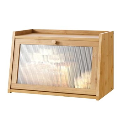 kiplant Bread Box for Kitchen Counter Large Bamboo Bread Storage Container with Wavy Arcylic Door Bamboo Wooden Farmhouse Bread Box for Your House Natural Medium