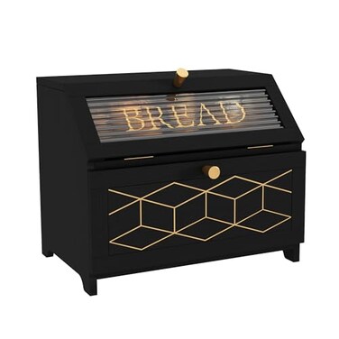 HOLTICO Double Layer Bread Box With Golden Trim for Countertop Wooden Bread Container for Kitchen Counter Corner Bread Storage Black1
