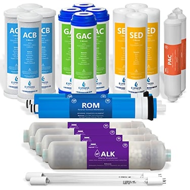 EXPRESS WATER Express Water 2 Year Reverse Osmosis System Filter Set 22 Filters with 100 GPD RO Membrane Carbon GAC ACB PAC Sediment SED Alkaline and UV Filters 10 inch Size Replacement Water Filters