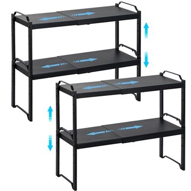 X-cosrack 4 Pack Kitchen Cabinet Shelves Organizers Kitchen Counter Storage Shelf Spice Rack Expandable Length Adjustable Height Stackable Sturdy 30LBS Bearing Small Cupboard Tabletop Organizer Shelf