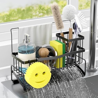 Adurei Sponge Holder for Kitchen Sink 304 Stainless Steel SelfDraining Sink Caddy with Smiley Face Sponge and Brush Holder Towel Bar and Divider Kitchen Gadgets Organizer for Countertop Black