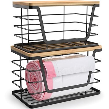 ALOCEO 2 Pack Storage Stackable Kitchen Laundry Organizers with Bamboo Top Large Trash Bag Holder and Small Garbage Bag Dispenser for Countertop Organization