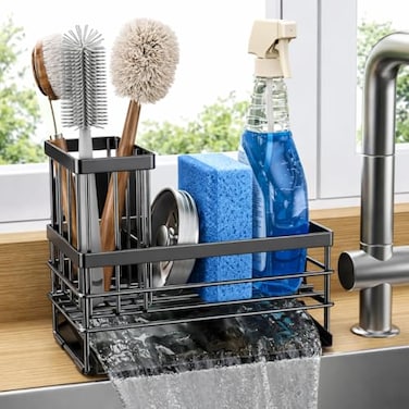 Cisily Sink Caddy Sponge Holder for Kitchen with Brush Holder and Stainless Steel Self Drain Tray Rustproof Kitchen Sink Organizer for Sponge Soap Dispenser Storage Accessories