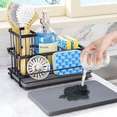 HapiRm Sink Caddy Sponge Holder Kitchen Sink Organizer with Instant Drying Stone and Brush Holder Stainless Steel Bathroom Counter Organizer Black