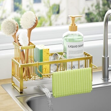 HapiRm Sponge Holder for Kitchen Sink Selfdraining Sink Caddy with Brush Holder and Dishcloth Holder Stainless Steel Kitchen Organizer for Countertop Gold
