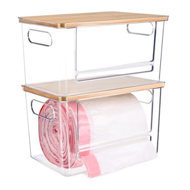 Hiitytin 2 PCS Trash Bag Holder Dispenser Under Sink Extra Large Garbage Bag Holder Organizer with Bamboo Top Handles