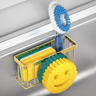 MURLONG Sponge Holder Smiley Face Sink Caddy for Kitchen Sink Sink Organizer Sponge Holder with 2 PCS Suction Cups1 PCS Adhesive Strips Designed for Sponge Soap Dish Brush ScrubberGold