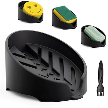 NiHome Silicone Sponge Holder Compatible with Scrub Daddy Mommy Sponges for Kitchen Bathroom Auto Draining Organizer Holds Multiple Sponges Cleaning Tools FoodGrade Dishwasher Safe Black
