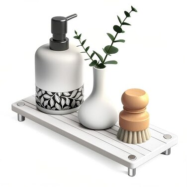 Lyxel Quick Dry Sink Caddy Kitchen Sink Organizer Water Absorbing Stone Tray for Sink Stone Drying Tray Diatomite Faucet Mat Protector Dispenser Sponge Holder Stone Soap Tray for Bathroom Counter